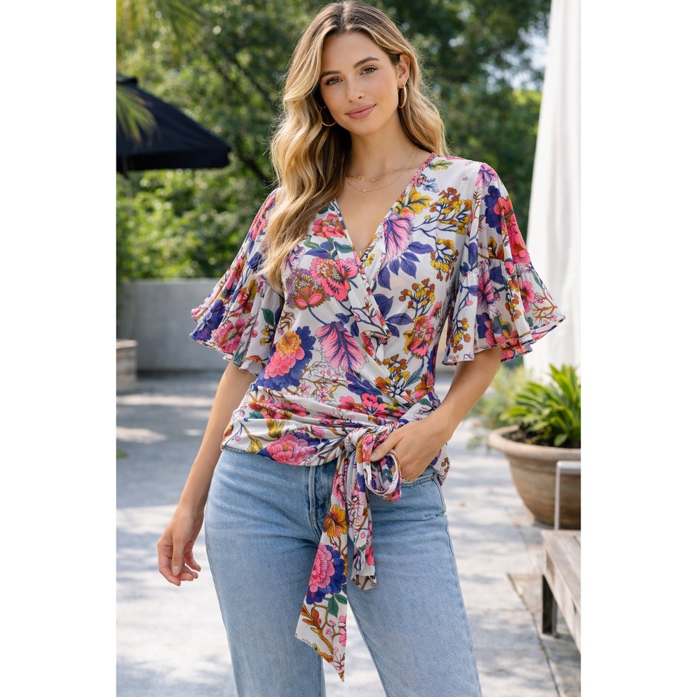 Express Floral Pleated Flutter‎ Sleeve Wrap Tie Waist Blouse White Pink Small